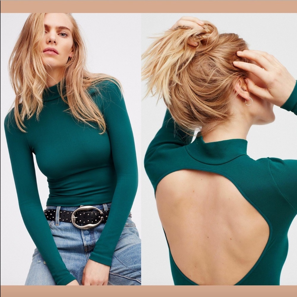 NEW $58 Free People‎ Teal Open Back Layering Turtleneck Top SZ M/L